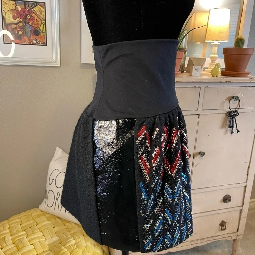 Tsumori Chisato Skirt Sz 2 Studded Black Wool Mohair Vegan Leather Mini Designer